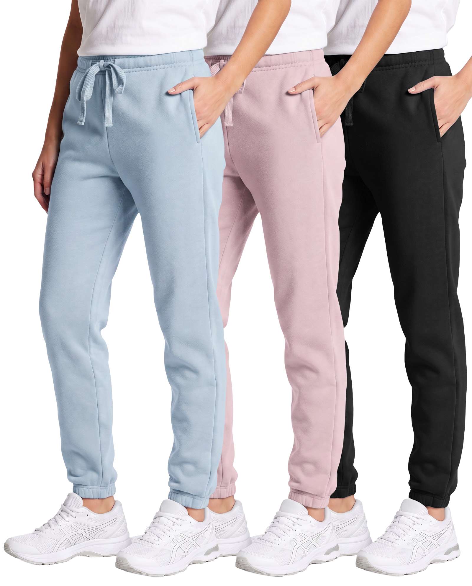 Real Essentials 3 Pack Girls' Cotton Fleece Joggers Sweatpants Kids Teens Pants Sweats - Solid Black, Solid Pale Lilac, Solid Ballad Blue