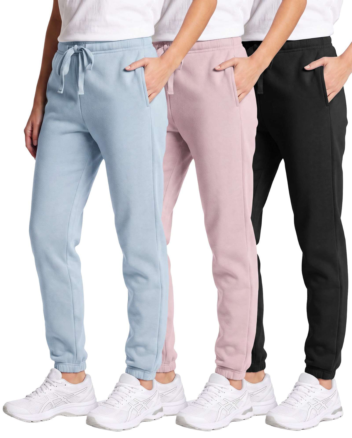 Real Essentials 3 Pack Girls' Cotton Fleece Joggers Sweatpants Kids Teens Pants Sweats - Solid Black, Solid Pale Lilac, Solid Ballad Blue