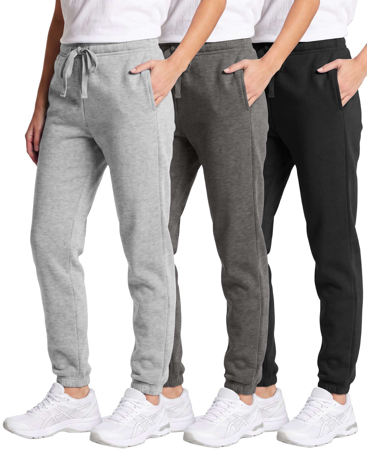 Real Essentials 3 Pack Girls' Cotton Fleece Joggers Sweatpants Kids Teens Pants Sweats - Solid Black, Charcoal Heather, Grey Heather
