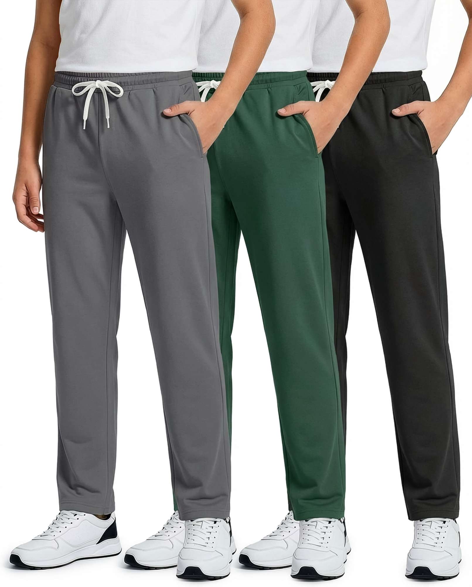 Real Essentials 3 Pack: Boys' French Terry Open Bottom Sweatpants Sweats for School Kids Teens with Pockets (Size 4-18)