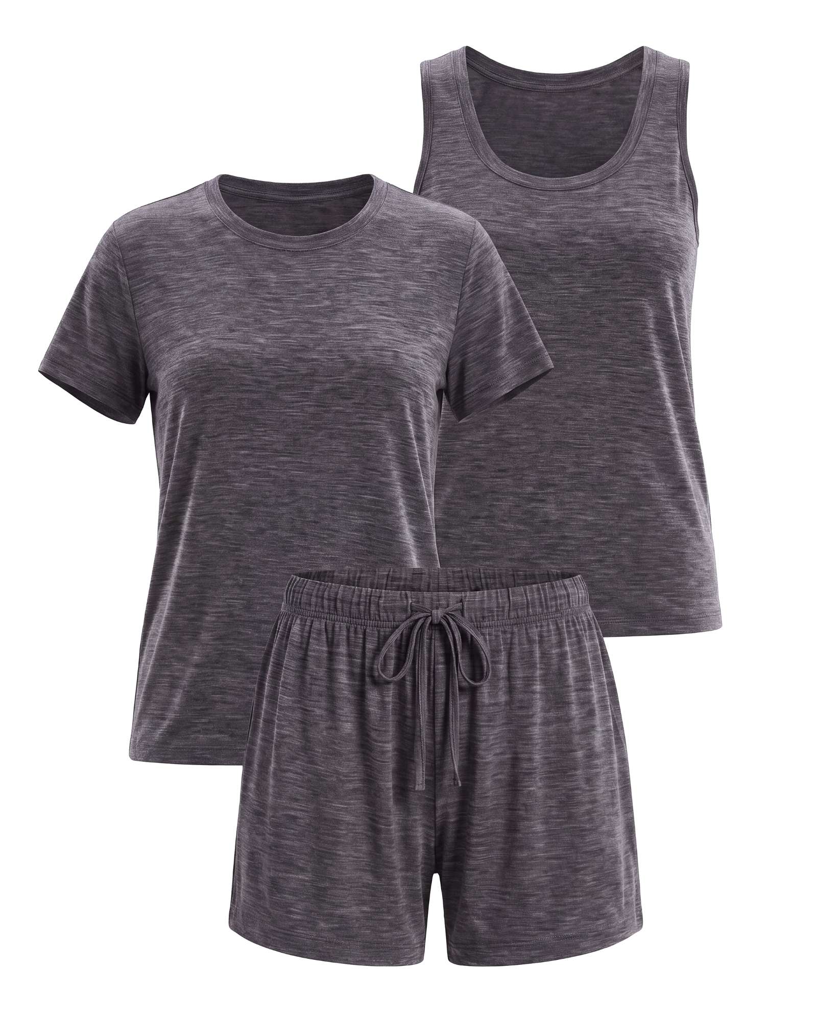 Real Essentials 3 Pack Women's Pajama Sets 3 Piece Crew Tee Tank Top Sleep Shorts Sleepwear - Charcoal Heather