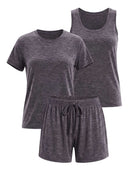 Real Essentials 3 Pack Women's Pajama Sets 3 Piece Crew Tee Tank Top Sleep Shorts Sleepwear - Charcoal Heather