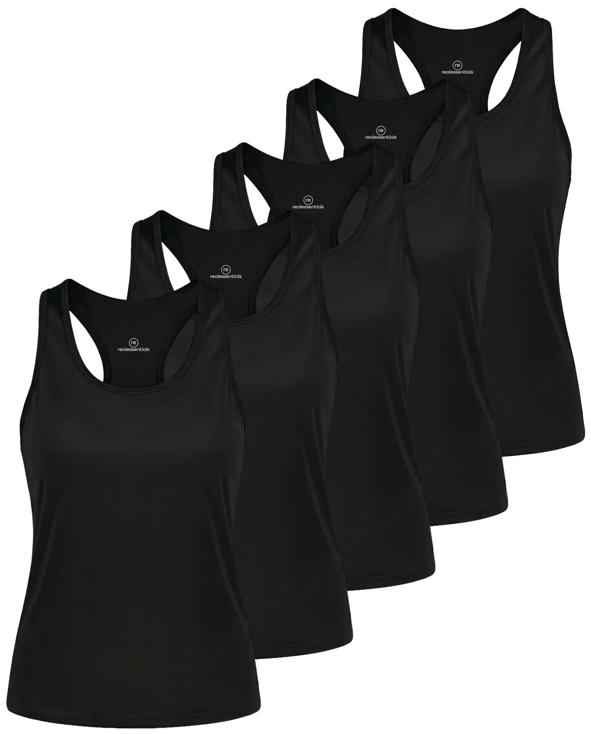 Real Essentials 5 Pack Women's Racerback Crop Tank Tops Dry Fit Workout Athletic Gym Yoga - Solid Black, Solid Black, Solid Black, Solid Black, Solid Black