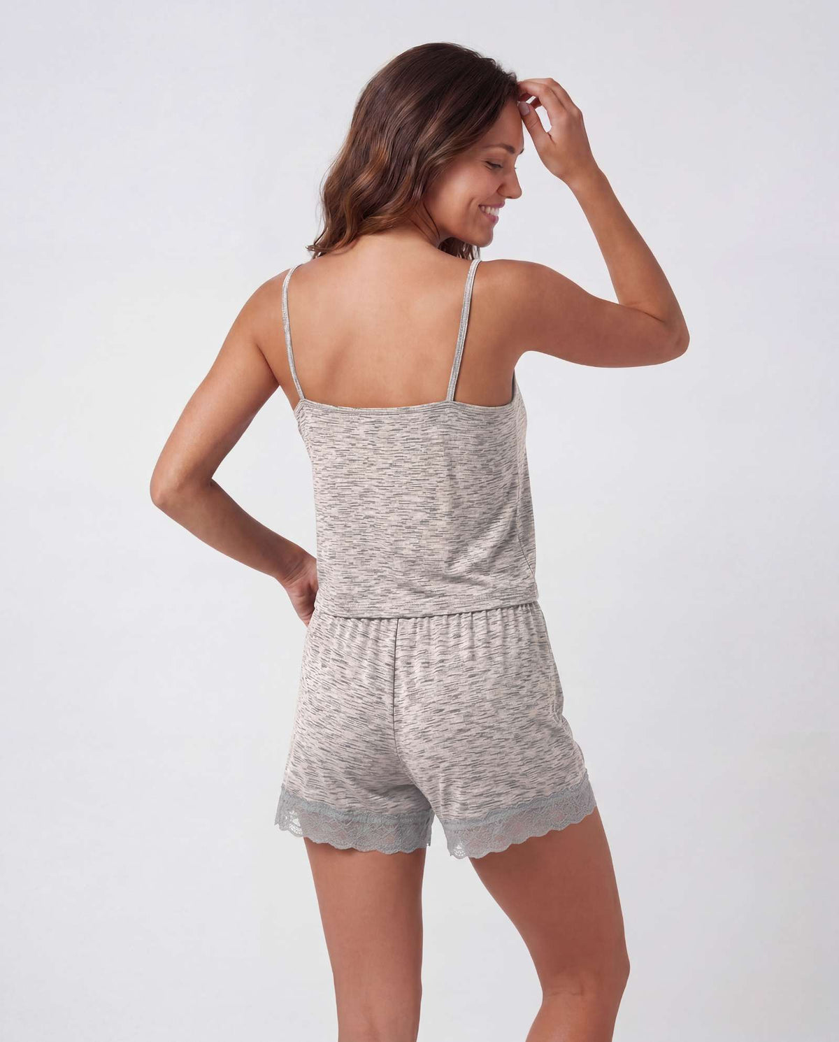 Real Essentials 2 Pack Women's Pajama Sets 2 Piece Lace Trim Cami Tank Shorts Sleepwear PJs - Solid Navy Blazer, Solid Grey Heather