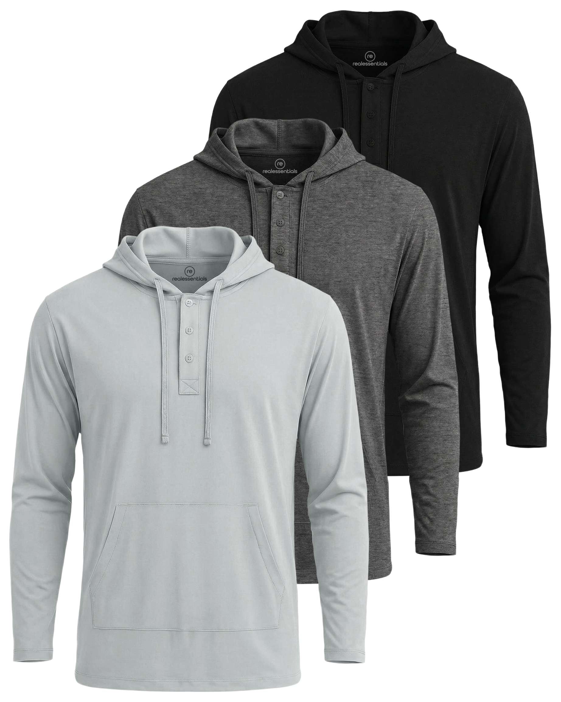Real Essentials 3 Pack: Men's Cotton Henley Pullover Hoodie Lightweight Casual Long Sleeve Hooded Sweatshirt (Big & Tall)