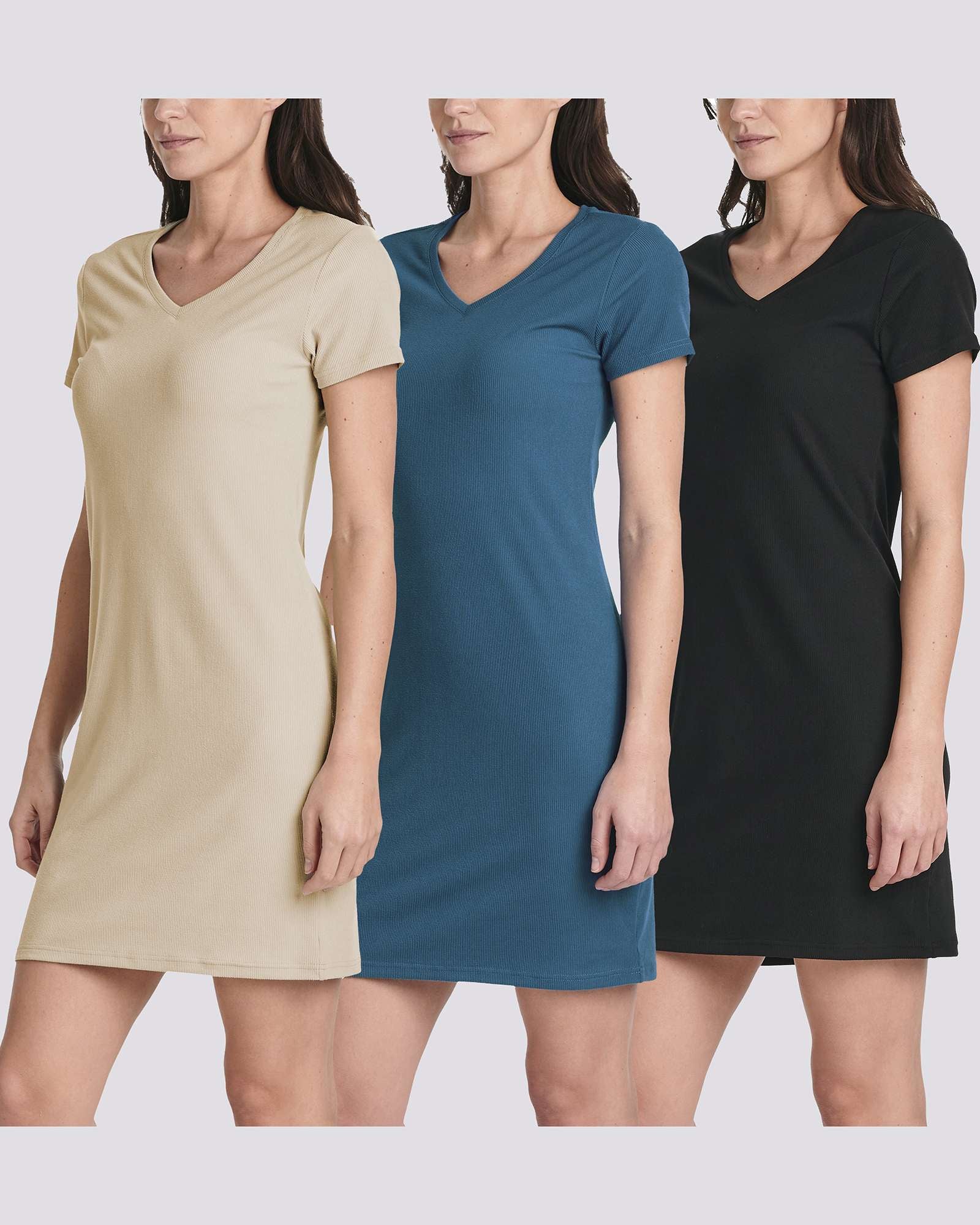 3 Pack: Women's Ribbed Knit Short-Sleeve V-Neck Swing Dress