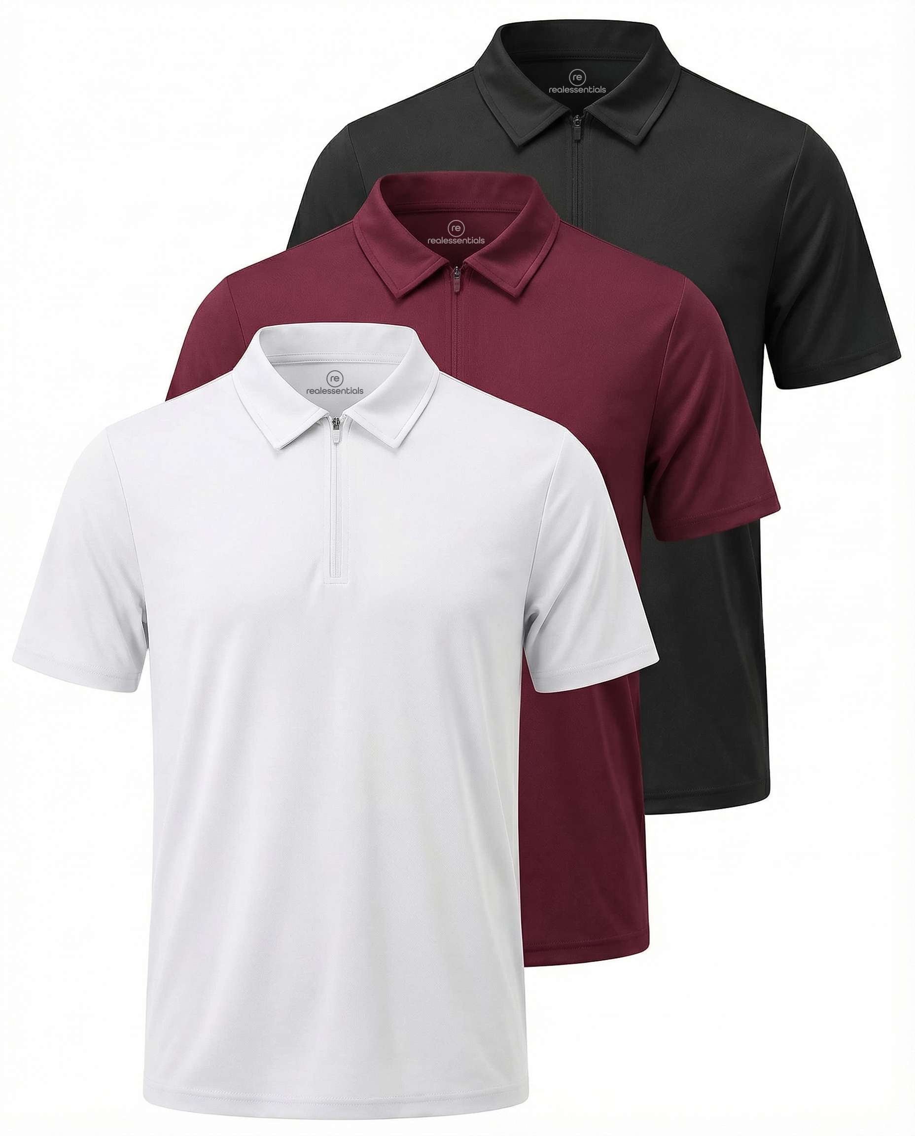 Real Essentials 3 Pack: Men's Polo Shirts Zipper Short Sleeve Dry Fit Quarter Zip Golf Athletic Workout Gym Collared