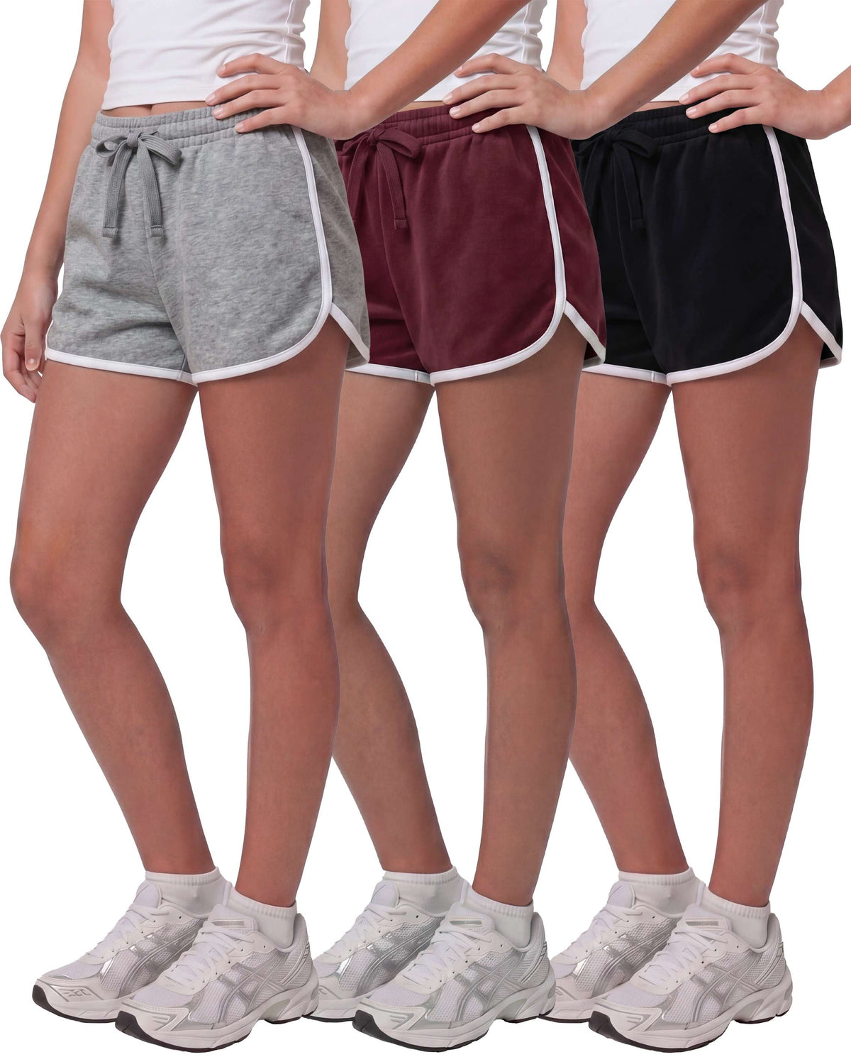 Real Essentials 3 Pack Girls' Fleece Dolphin Shorts Athletic Soccer Kids Teens Sports Youth - Solid Black, Solid Burgundy, Grey Heather