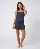 Real Essentials 2 Pack Women's Pajama Sets 2 Piece Lace Trim Cami Tank Shorts Sleepwear PJs - Solid Navy Blazer, Solid Grey Heather