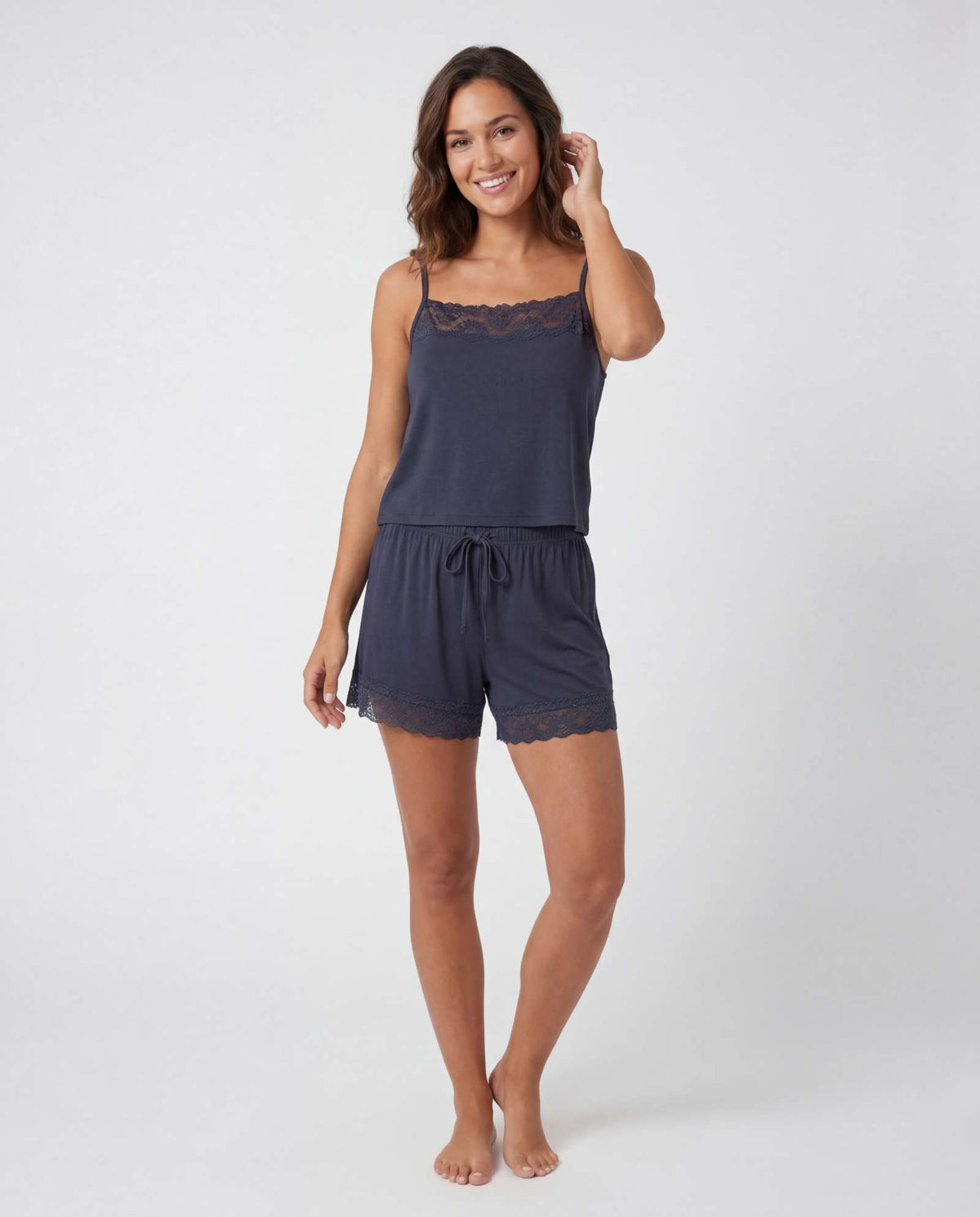 Real Essentials 2 Pack Women's Pajama Sets 2 Piece Lace Trim Cami Tank Shorts Sleepwear PJs - Solid Navy Blazer, Solid Grey Heather