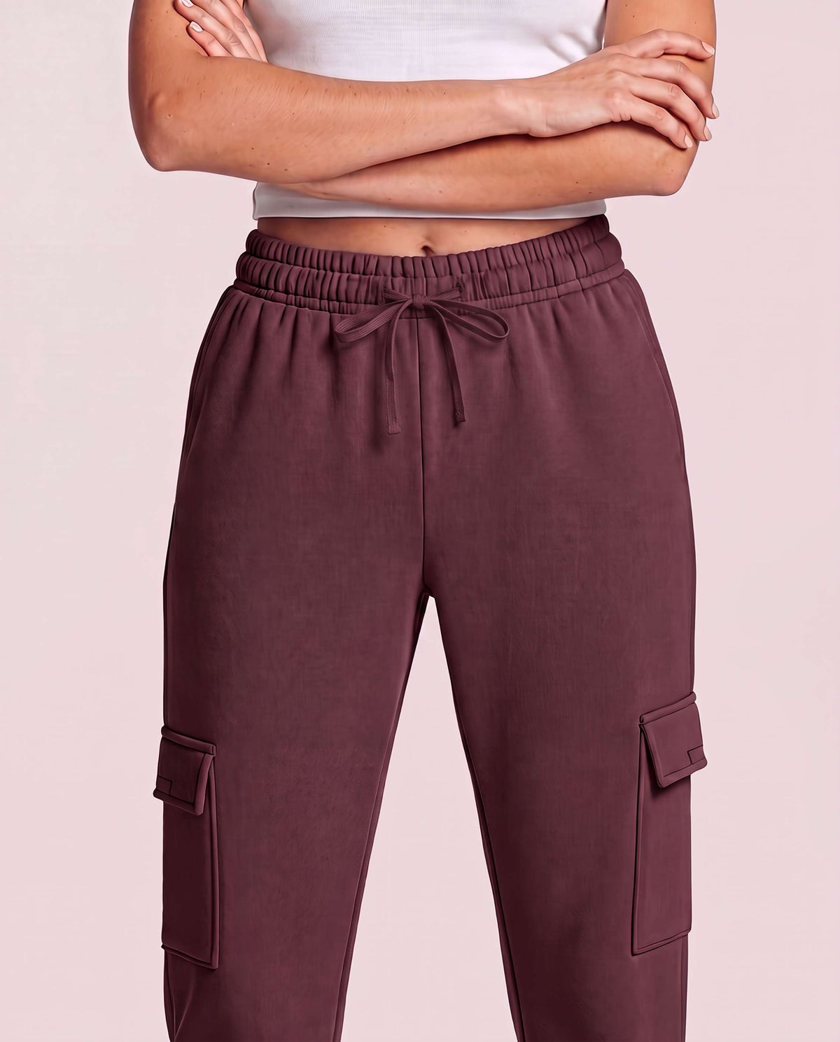 Real Essentials 3 Pack Women's Fleece Cargo Sweatpants Lounge Casual Sweat Pants Pockets - Solid Black, Solid Burgundy, Grey Heather