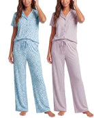 Real Essentials 2 Pack Women's Pajama Sets Lounge Set 2 Piece Button Up PJ Sleepwear Ladies - Soft Chambray Flowers, Orchid Petal Stripe