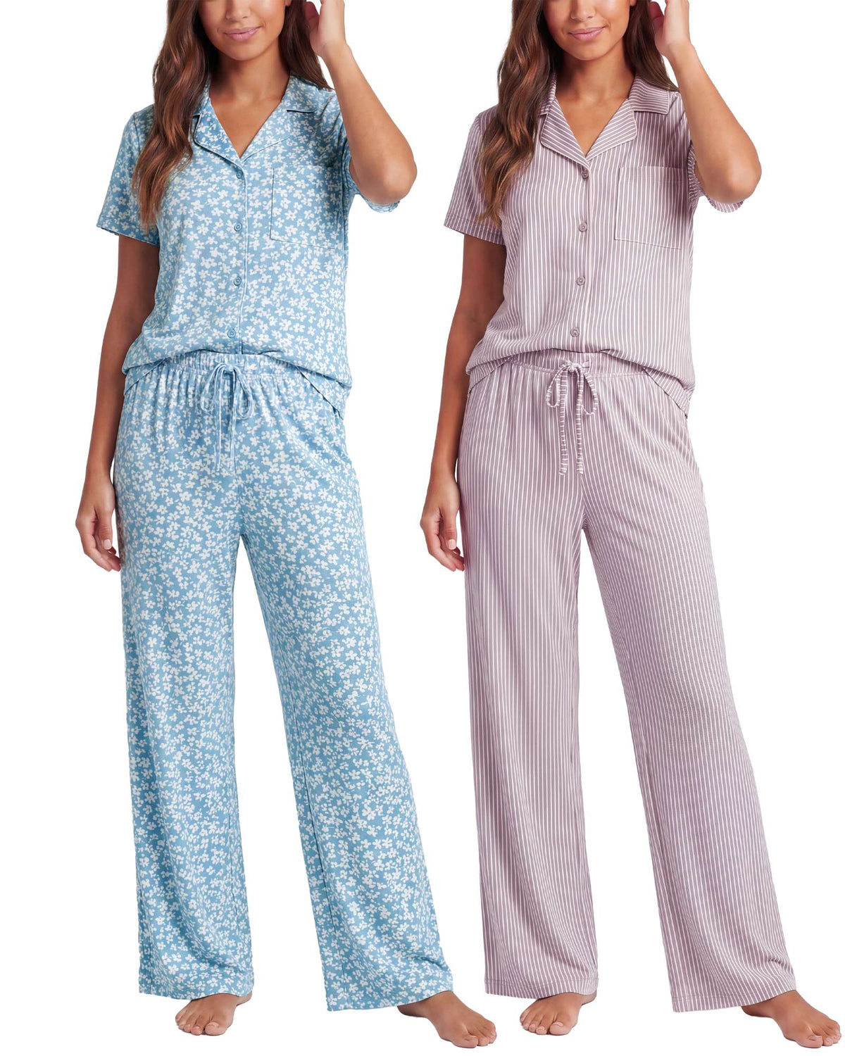 Real Essentials 2 Pack Women's Pajama Sets Lounge Set 2 Piece Button Up PJ Sleepwear Ladies - Soft Chambray Flowers, Orchid Petal Stripe