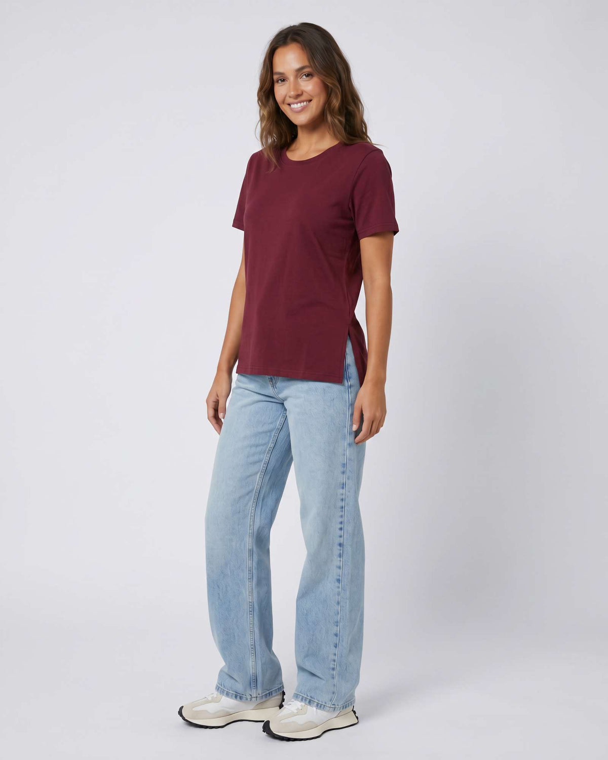 Real Essentials 3 Pack Women's Cotton Tshirts Split Hem Short Sleeve Crew Neck Tees Tops - Solid Black, Solid Burgundy, Charcoal Heather