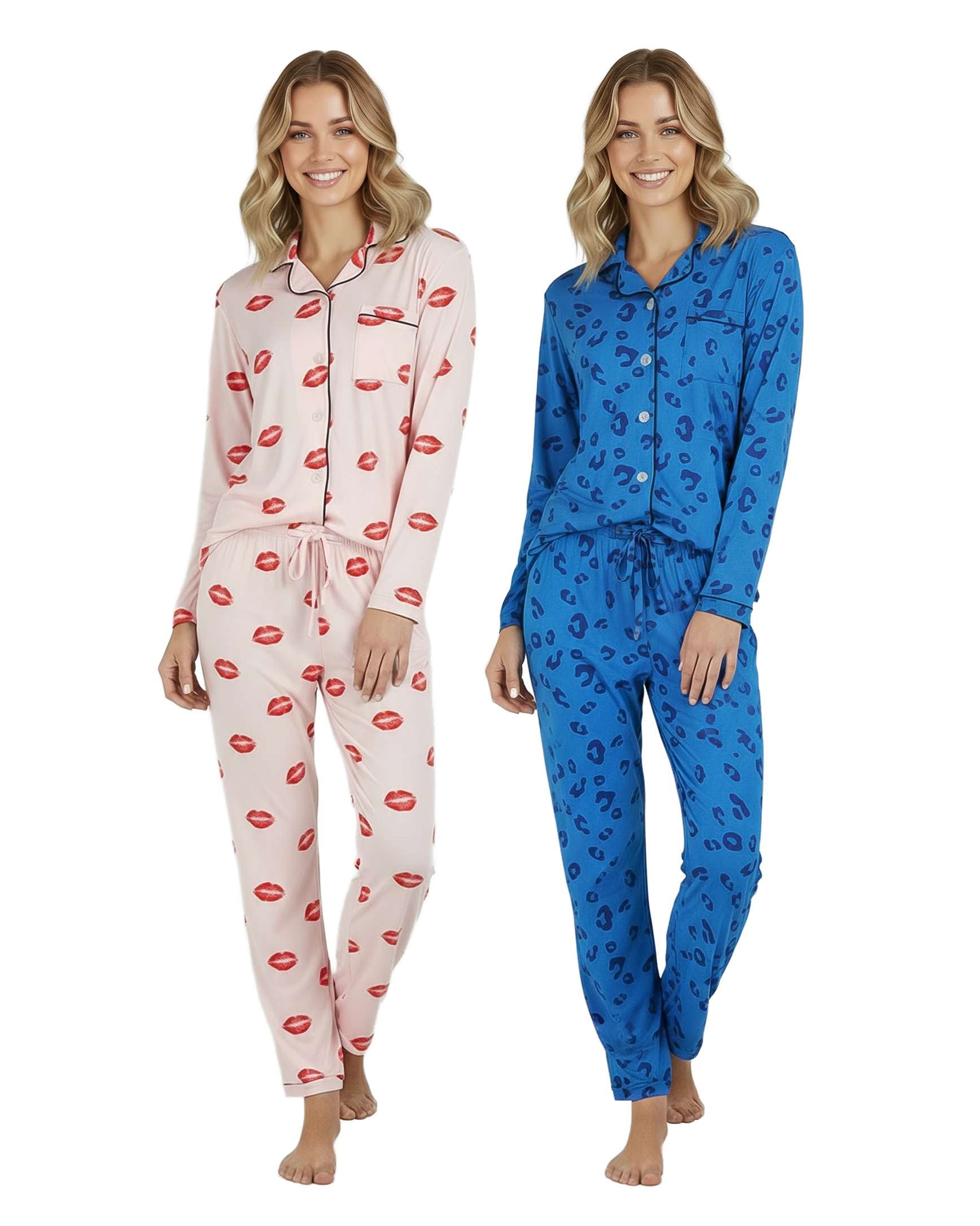 4 Piece: Women’s Long Sleeve Button Down Pajama Set