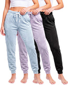 Real Essentials 3 Pack Women Velour Velvet Joggers Sweatpants Pants Cozy Lounge Pull On - Solid Black, Solid Orchid Petal, Solid Ballad Blue