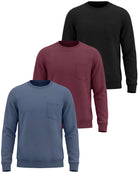 Real Essentials 3 Pack Mens Fleece Pocket Sweatshirt Pullover Long Sleeve Shirts Sweater - Solid Black, Solid Burgundy, Solid Vintage Indigo