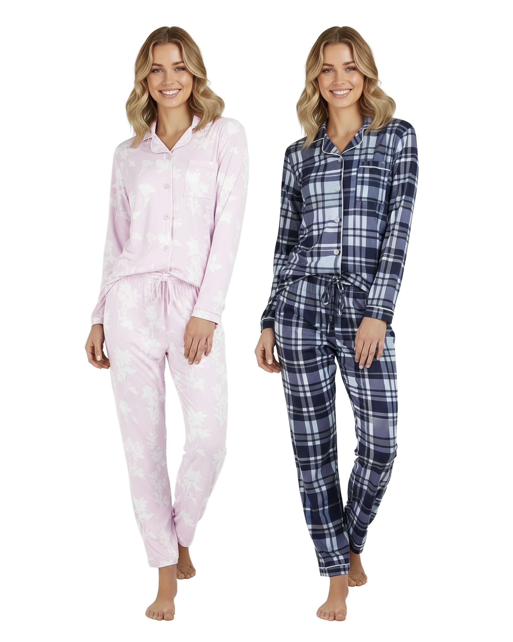 4 Piece: Women’s Long Sleeve Button Down Pajama Set