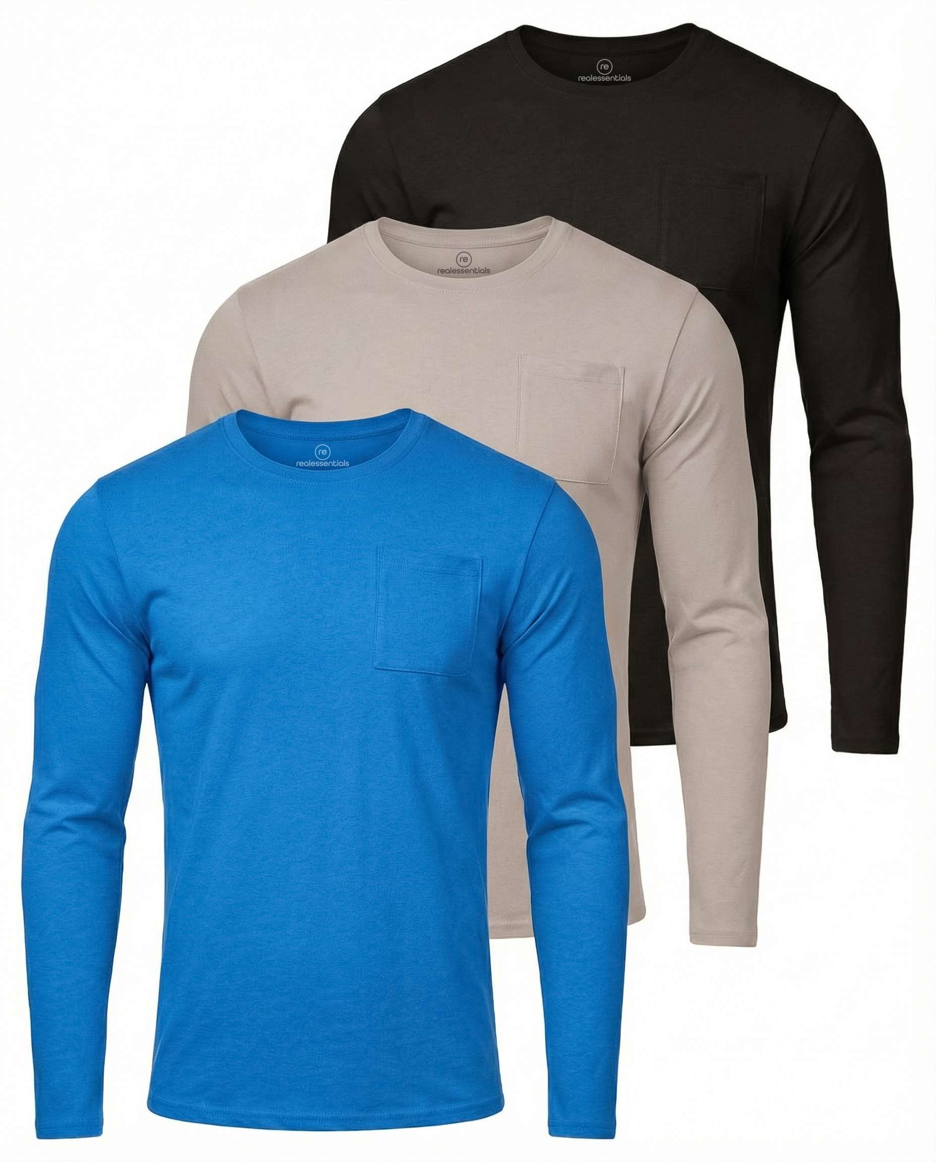 3 Pack: Mens Cotton Long Sleeve Crew Neck Pocket T-Shirt