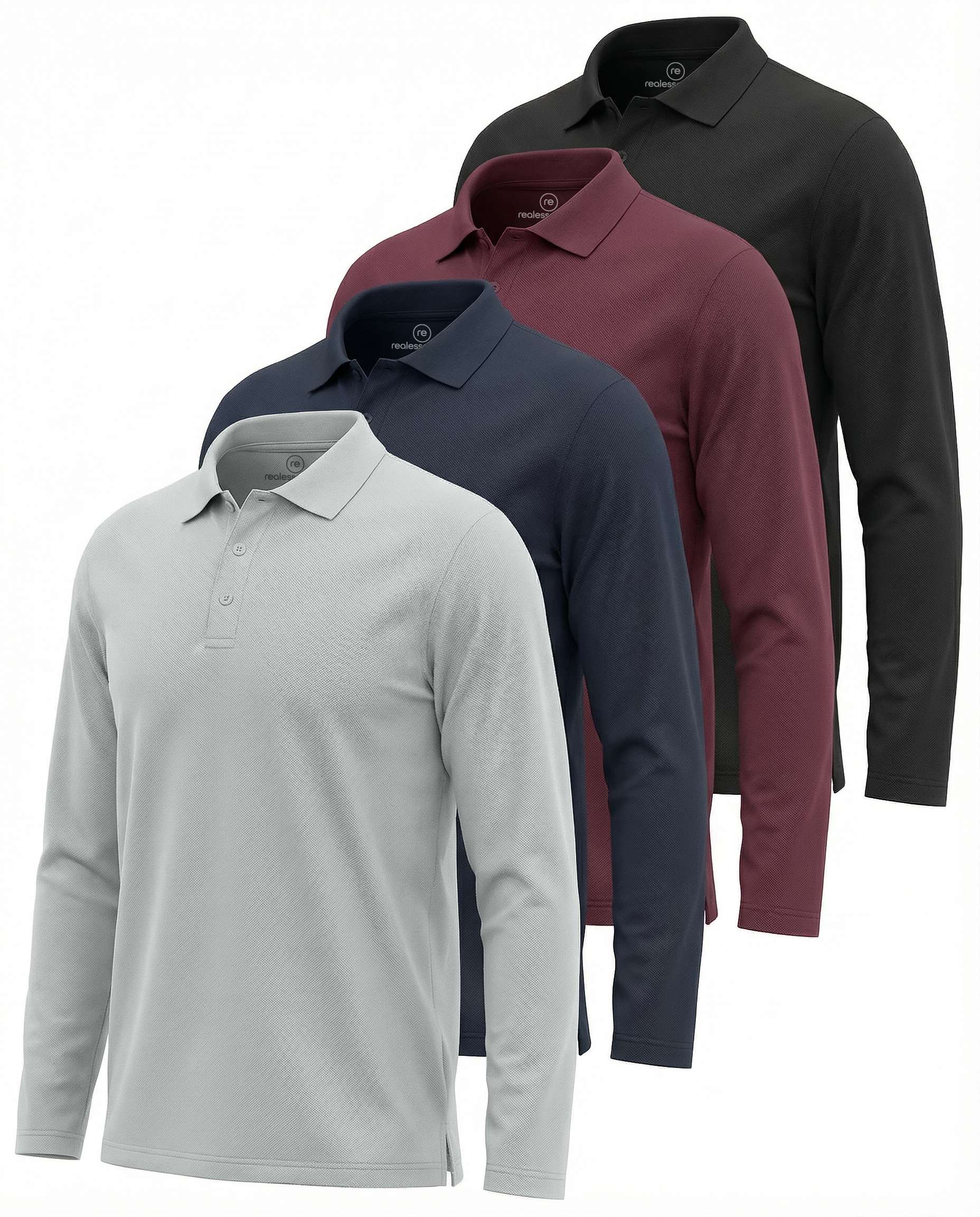 Real Essentials 4 Pack: Men's Long Sleeve Polo Shirts for Men - Cotton Pique Collared Athletic Golf Shirt Work & Casual