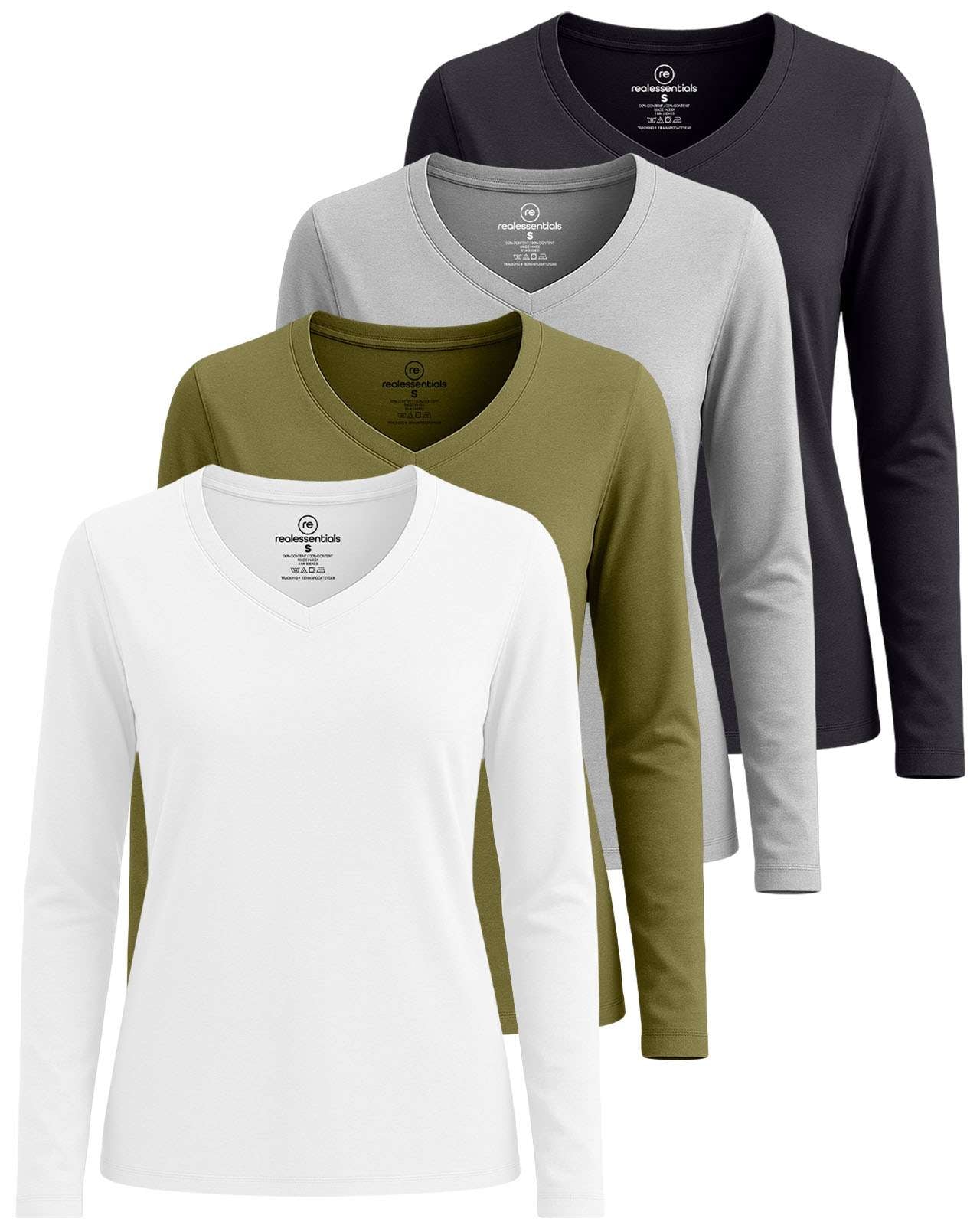 Real Essentials 4 Pack: Women’s Cotton Long Sleeve V-Neck T-Shirts – Soft Casual Lounge Tee Tops (Available in Plus)