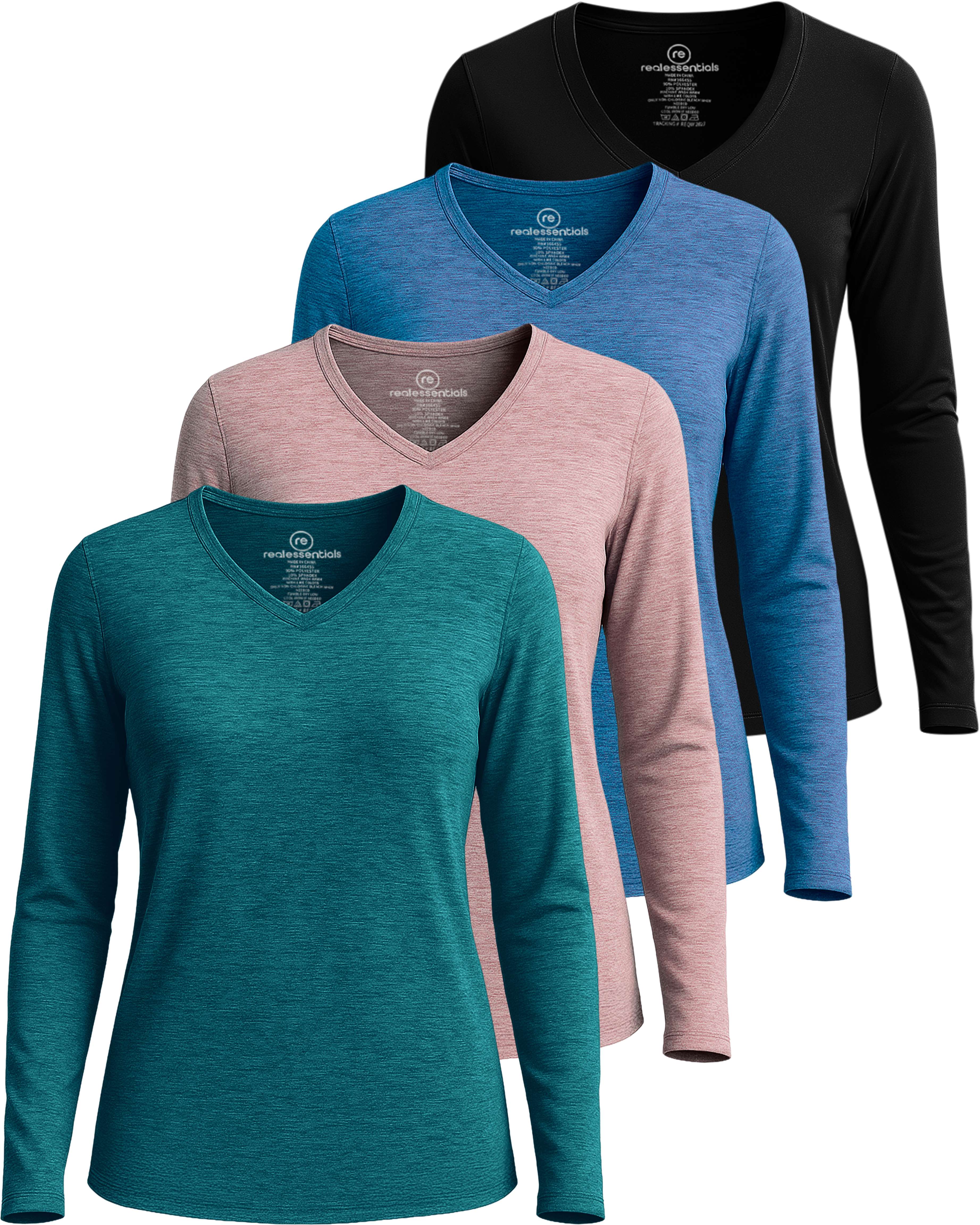 4 Pack: Women's Dry-Fit Long-Sleeve V-Neck Athletic Workout Shirt (Available in Plus Size)