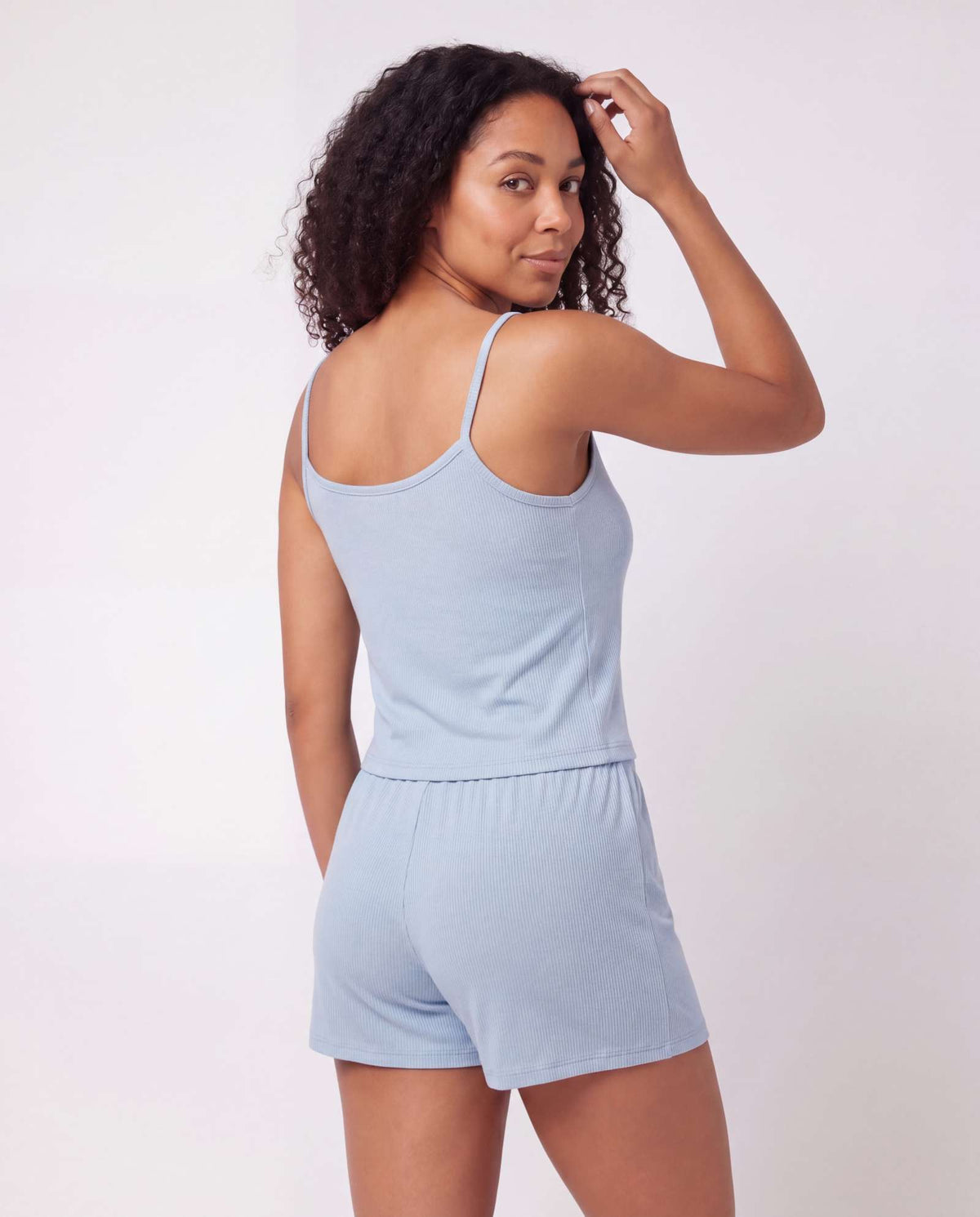 Real Essentials 2 Pack Women's Pajama Sets 2 Piece Ribbed Cropped Cami Shorts Sleepwear PJs - Solid Ballad Blue, Solid Pale Lilac
