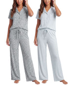 Real Essentials 2 Pack Women's Pajama Sets Lounge Set 2 Piece Button Up PJ Sleepwear Ladies - Vapor Blue Dots, Clear Sky Stripe