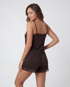 Real Essentials 2 Pack Women's Pajama Sets 2 Piece Lace Trim Cami Tank Shorts Sleepwear PJs - Solid Chocolate Torte, Solid Moonbeam