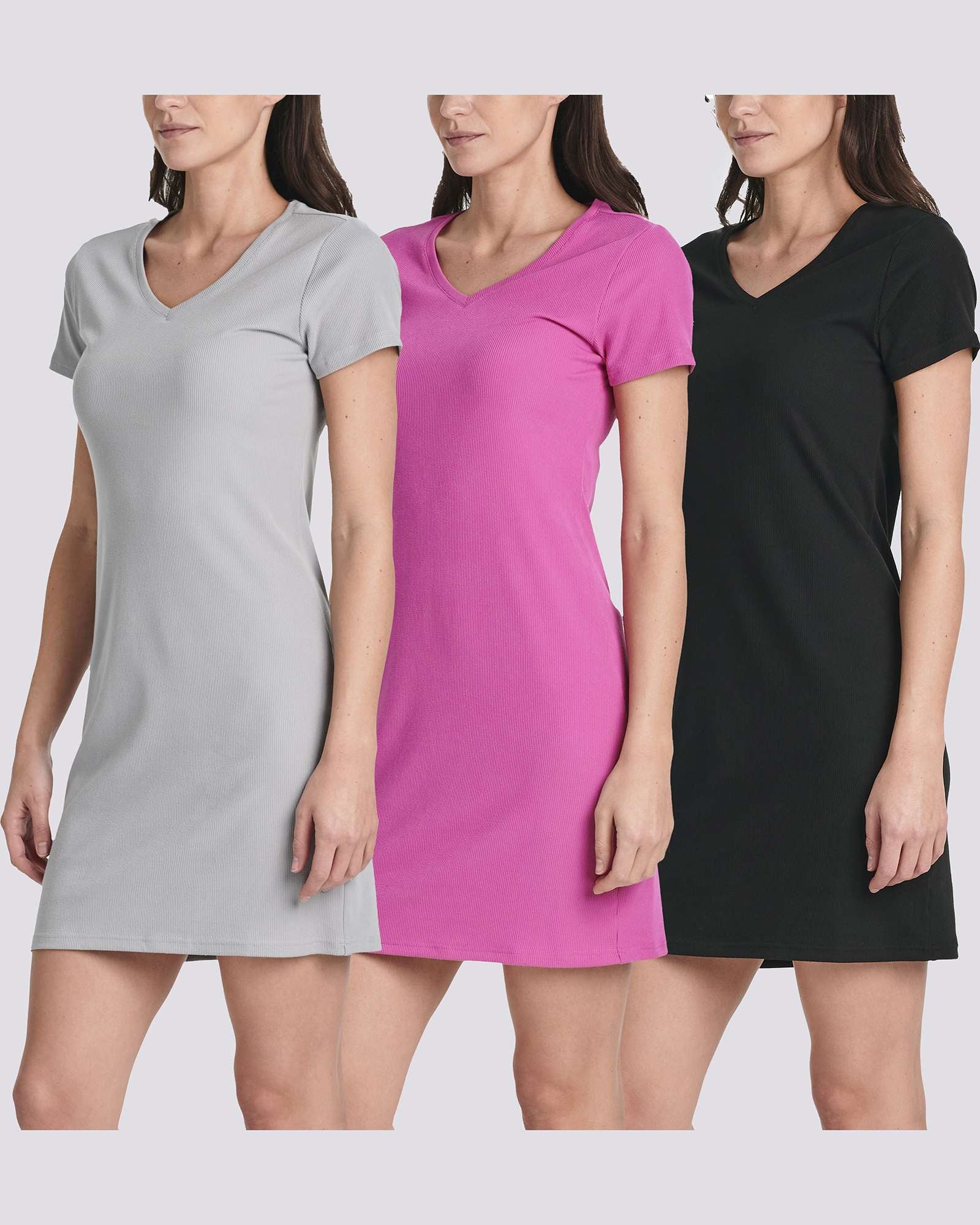 3 Pack: Women's Ribbed Knit Short-Sleeve V-Neck Swing Dress