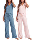Real Essentials 2 Pack Women's Pajama Sets Lounge Set 2 Piece Button Up PJ Sleepwear Ladies - Festival Bloom Hearts, Magano Calcite Stripe