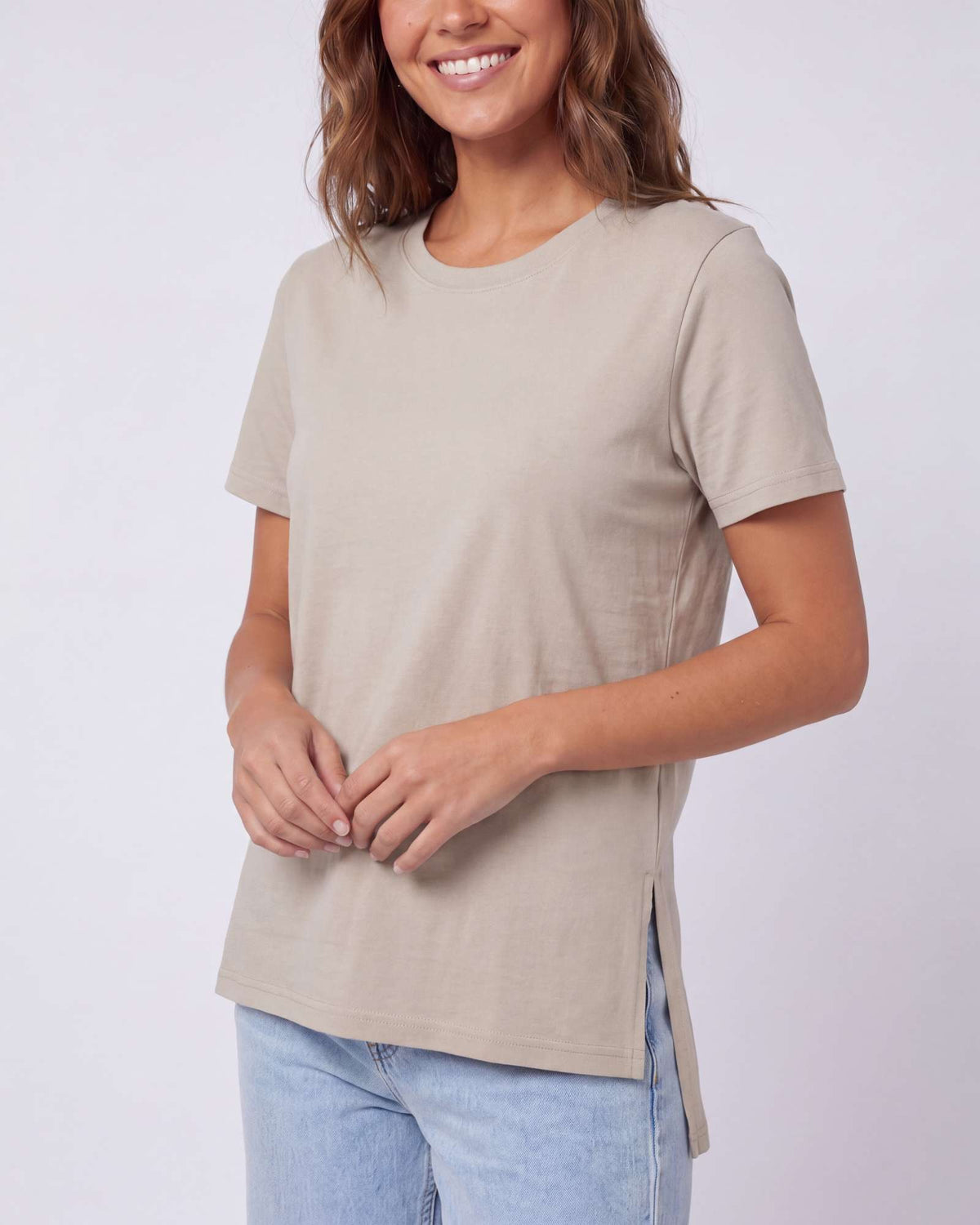 Real Essentials 3 Pack Women's Cotton Tshirts Split Hem Short Sleeve Crew Neck Tees Tops - Solid Black, Solid Chocolate Torte, Solid Moonbeam