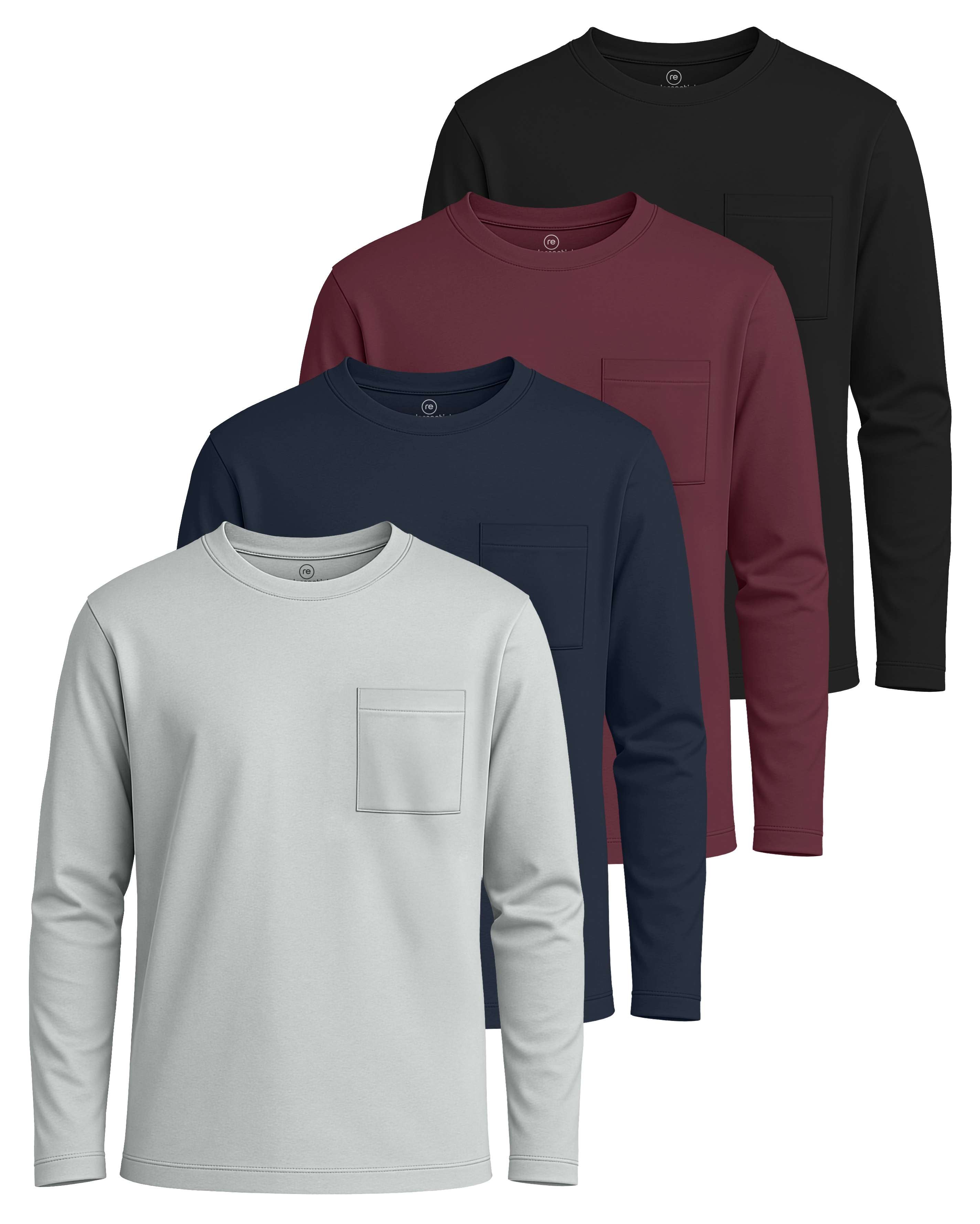 Real Essentials 4 Pack: Boys' Cotton Jersey Long Sleeve T-Shirt with Pocket - Kids Teens Youth Crew Neck Tee Top (Ages 4-16)