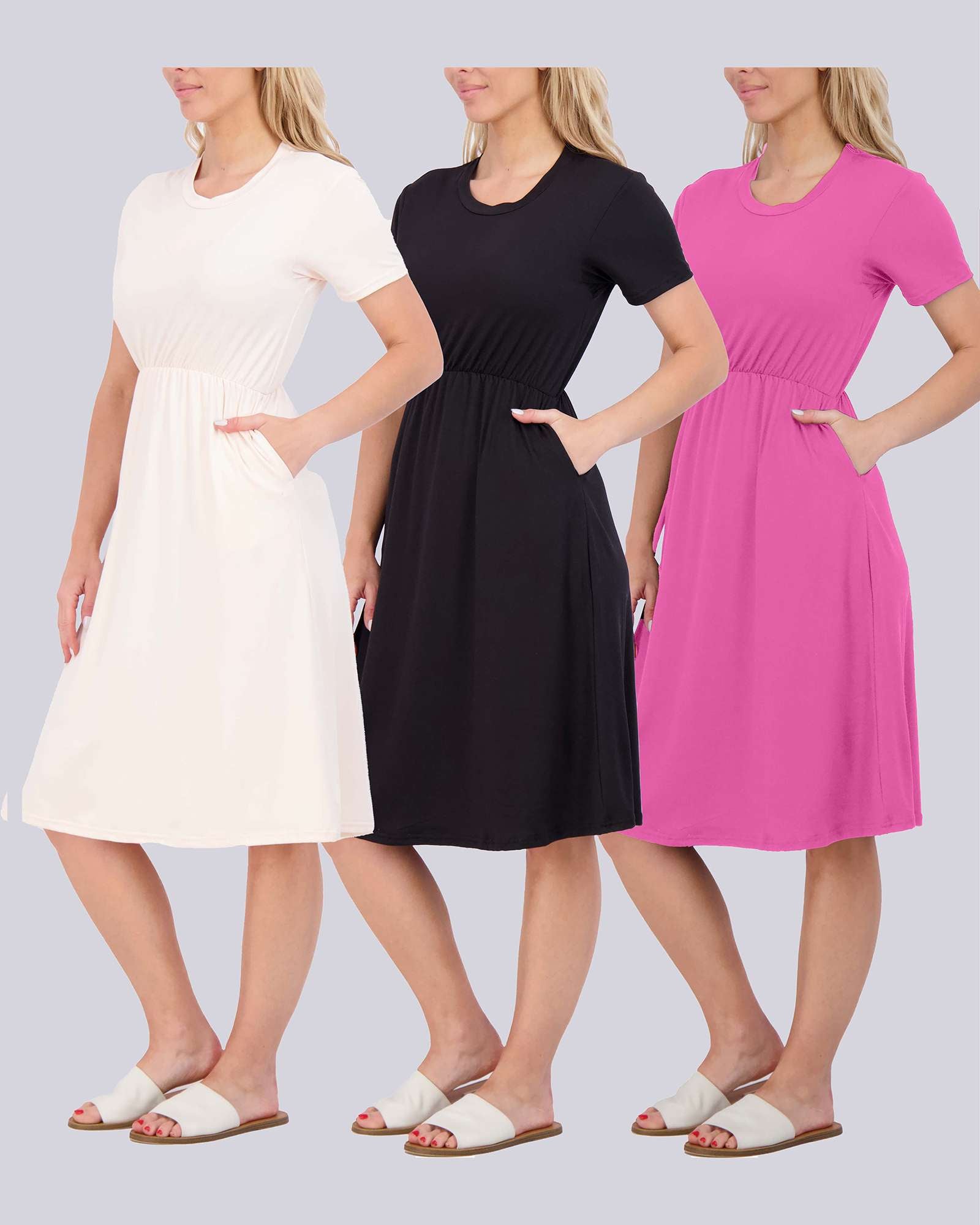 3 Pack: Women's Midi Short Sleeve Soft T-Shirt Dress (Available in Plus Size)