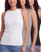 Real Essentials 3 Pack Women's Cotton Ribbed Tank Tops Sleeveless Crew Neck Basic Layering - Solid Black, Grey Heather, Solid Bright White