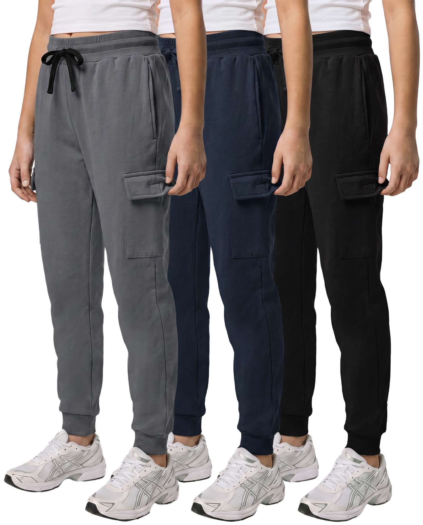 Real Essentials 3 Pack Girls Fleece Cargo Joggers Sweatpants Kids Pants Teen Girl Athletic - Solid Black, Solid Navy Blazer, Solid Quiet Shade