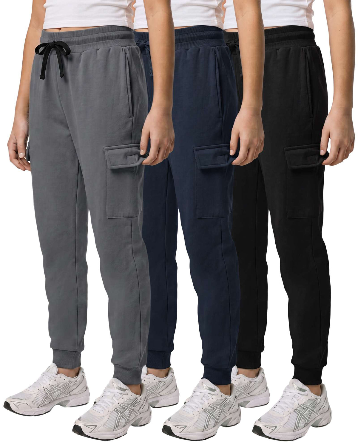 Real Essentials 3 Pack Girls Fleece Cargo Joggers Sweatpants Kids Pants Teen Girl Athletic - Solid Black, Solid Navy Blazer, Solid Quiet Shade