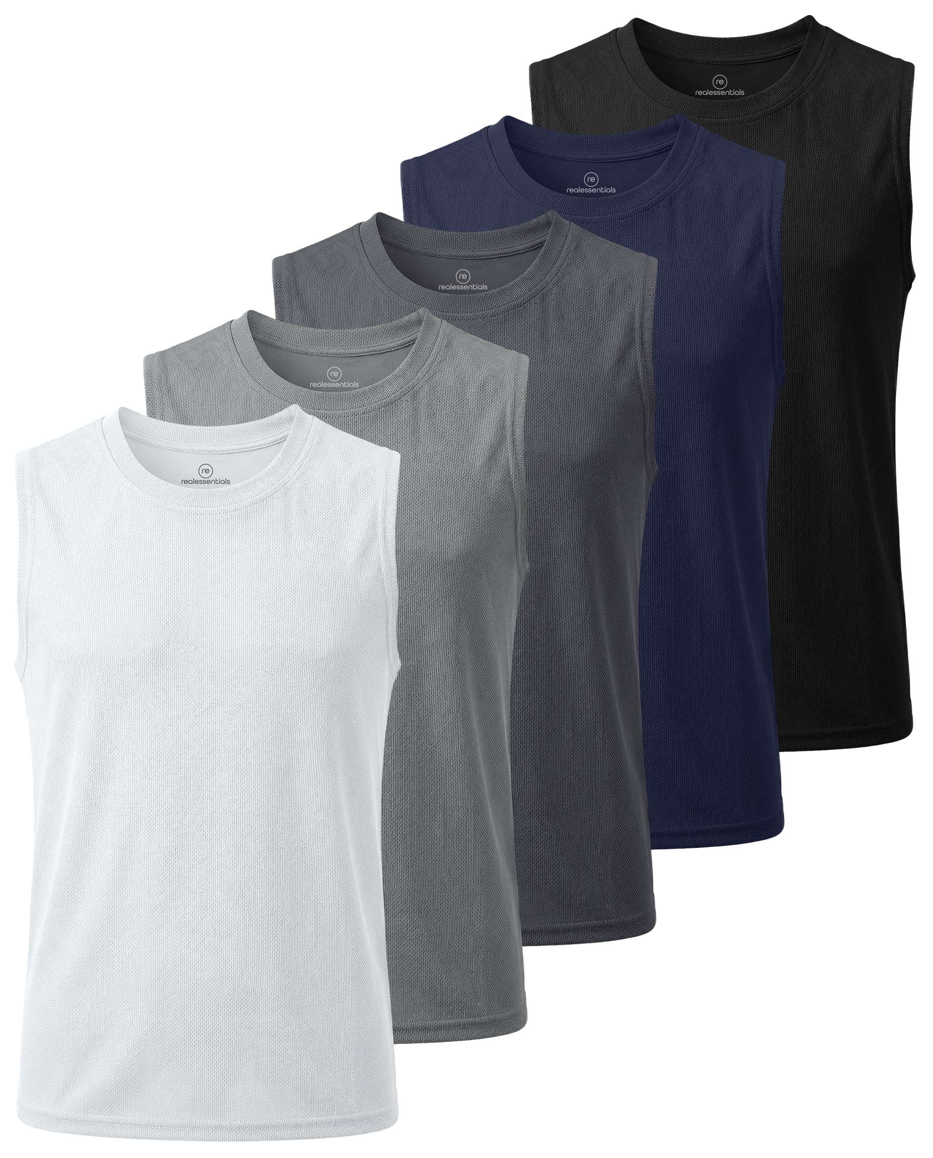 Real Essentials 5 Pack: Boys Mesh Active Tank Tops Athletic Workout Sleeveless Muscle Basketball Sports Dry Fit Teen