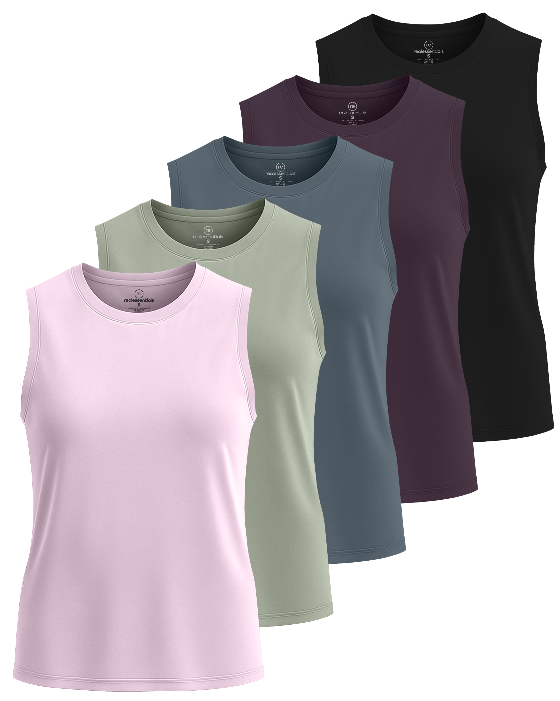 Real Essentials 5 Pack: Women's Dry-Fit Tank Top - Racerback Sleeveless T-Shirt Athletic Workout Gym Shirt (Plus Available)