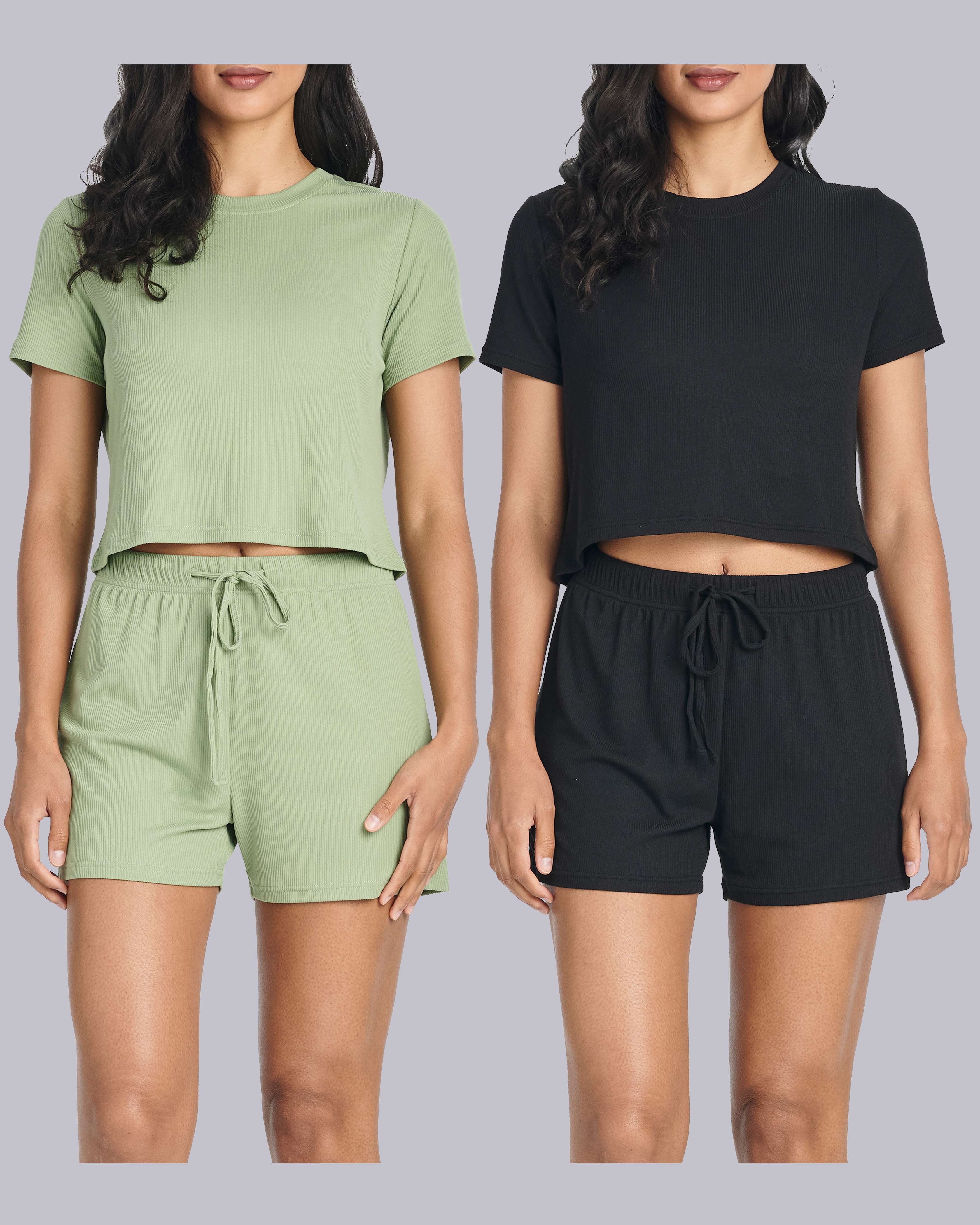 2 Pack: Women's Soft Ribbed Knit Crop Top & Short Set