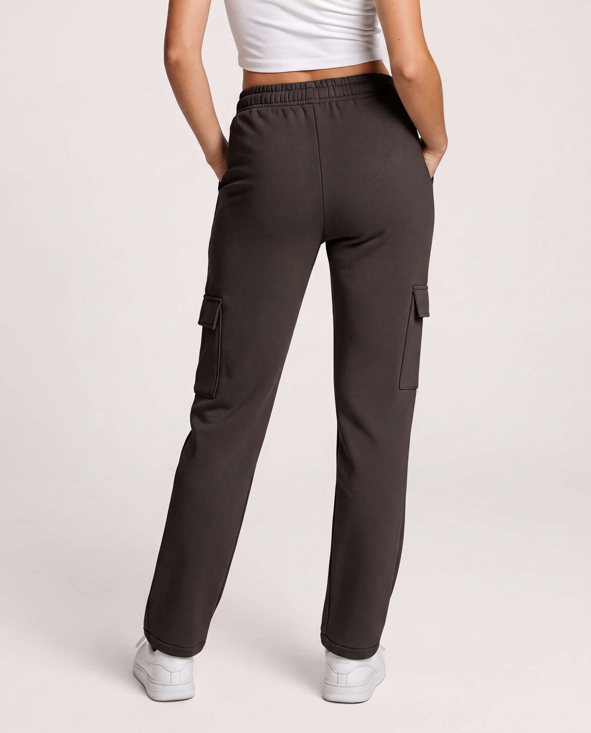 Real Essentials 3 Pack Women's Fleece Cargo Sweatpants Lounge Casual Sweat Pants Pockets - Solid Black, Solid Chocolate Torte, Solid Moonbeam