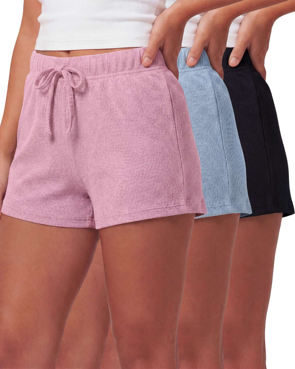 Real Essentials 3 Pack Women's Cotton Pajama Shorts Lounge Sleep Comfy Cute Casual Knit PJ - Solid Black, Solid Black, Solid Chocolate Torte, Solid Moonbeam