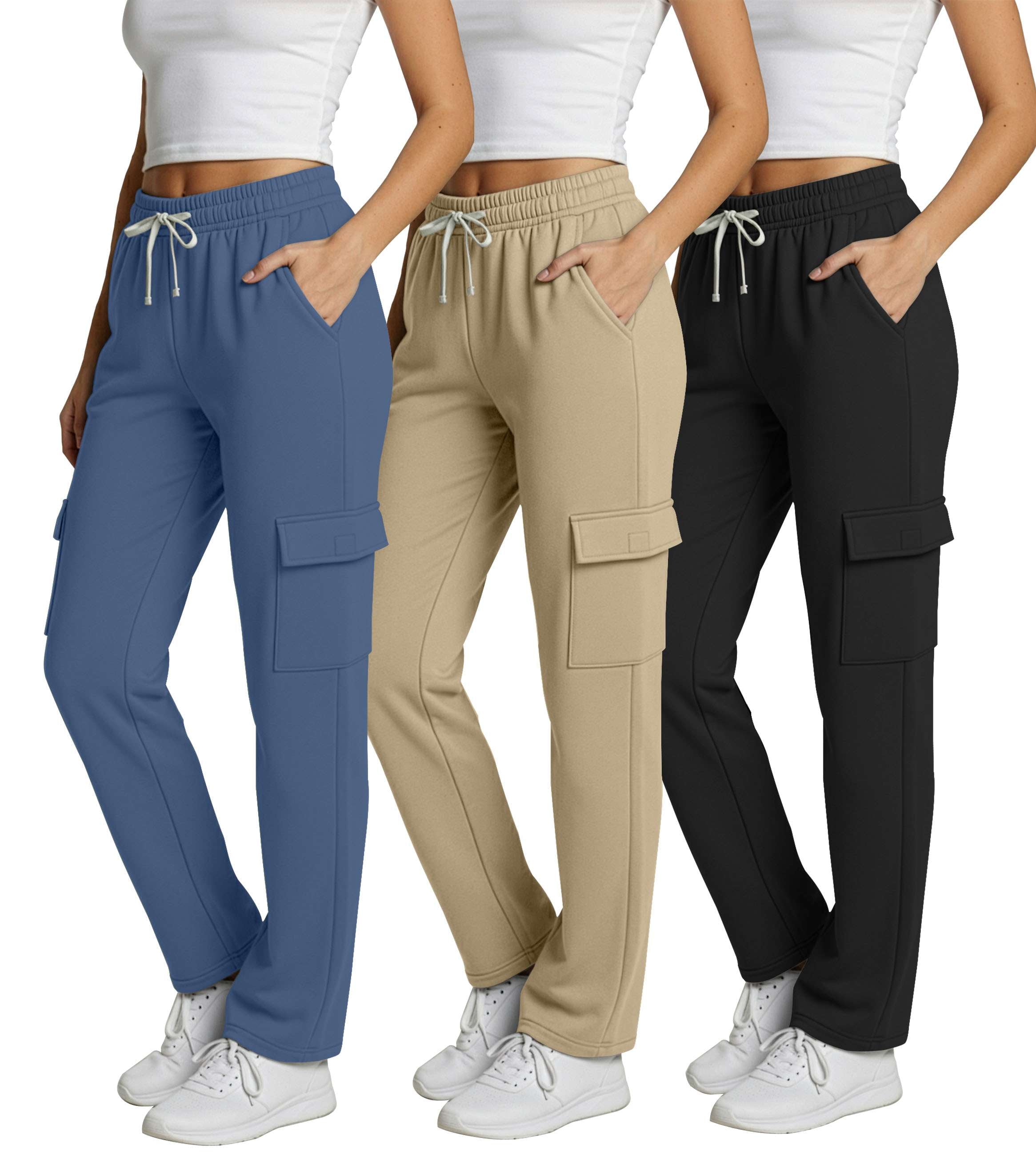 Real Essentials 3 Pack: Women's Fleece Cargo Sweatpants, Open Bottom Lounge & Athletic Casual Pants with Pockets