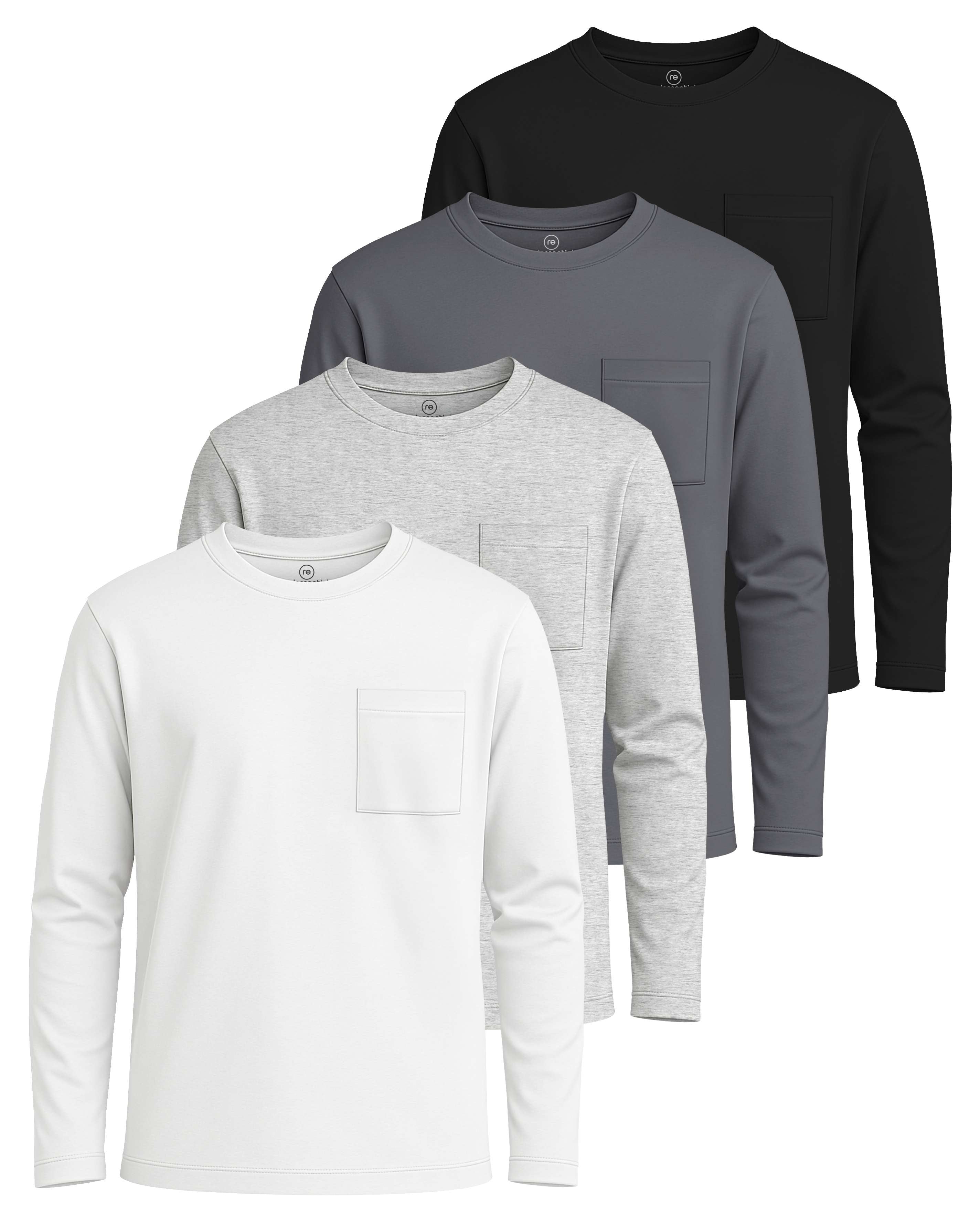 Real Essentials 4 Pack: Boys' Cotton Jersey Long Sleeve T-Shirt with Pocket - Kids Teens Youth Crew Neck Tee Top (Ages 4-16)