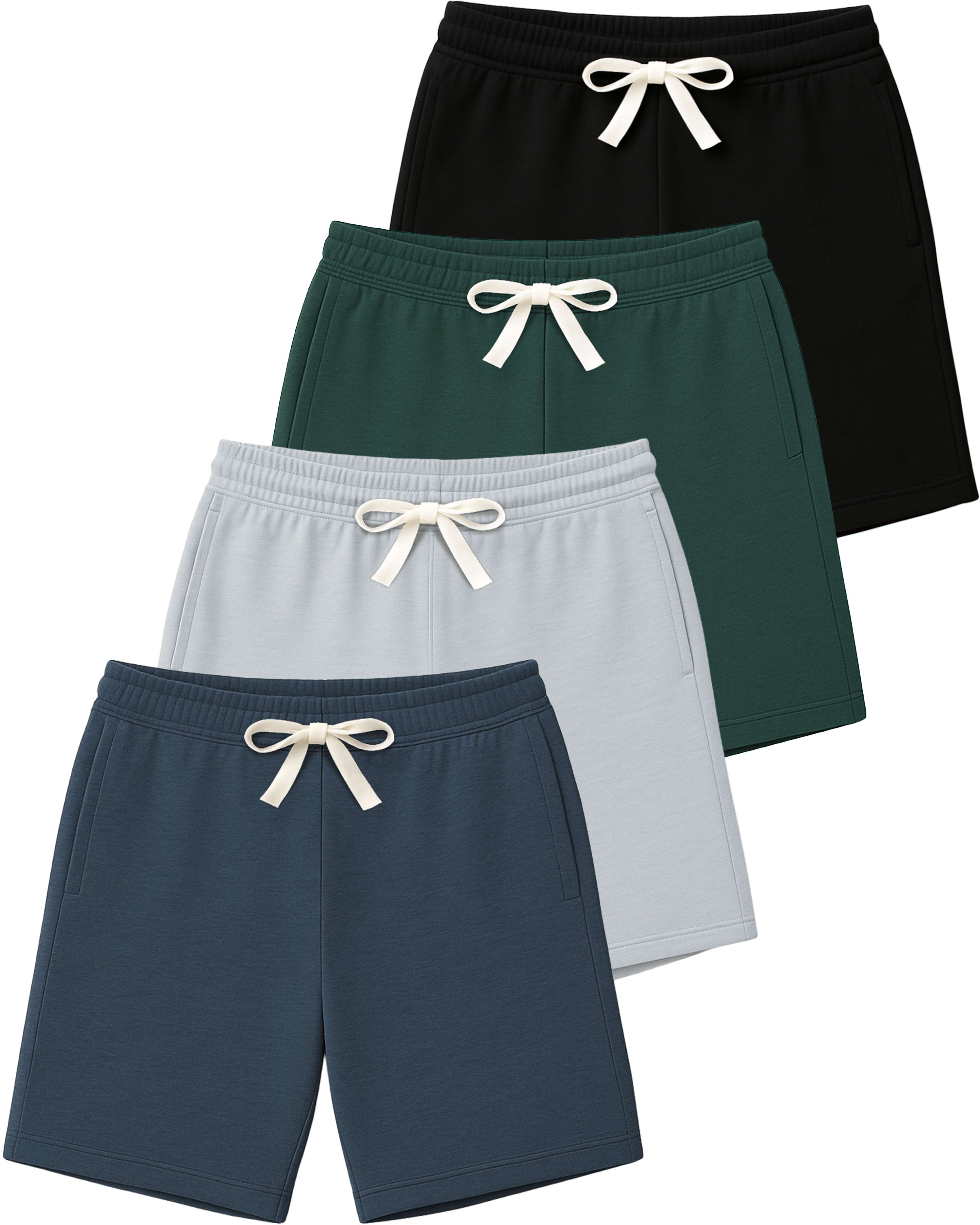 Real Essentials 4 Pack: Boys' Cotton French Terry Shorts with Pockets for Kids Teens Youth - Sleep Casual Lounge (4-18)