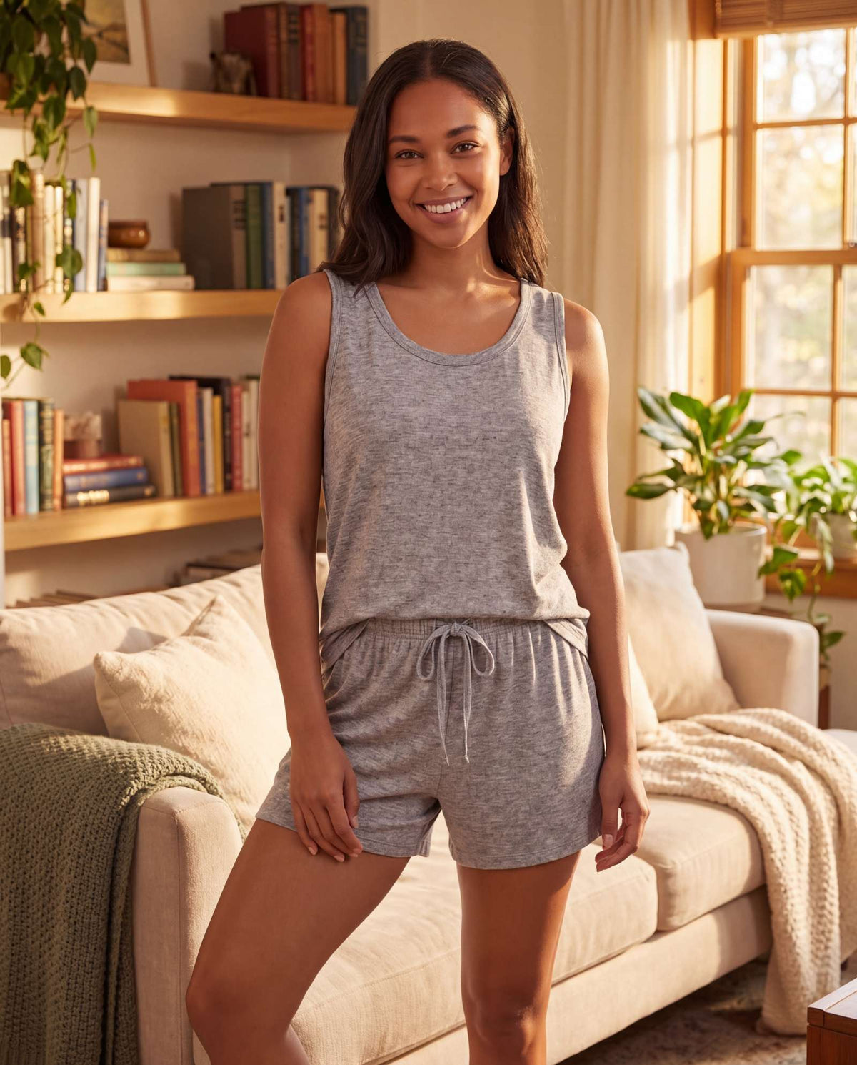 Real Essentials 3 Pack Women's Pajama Sets 3 Piece Crew Tee Tank Top Sleep Shorts Sleepwear - Grey Heather